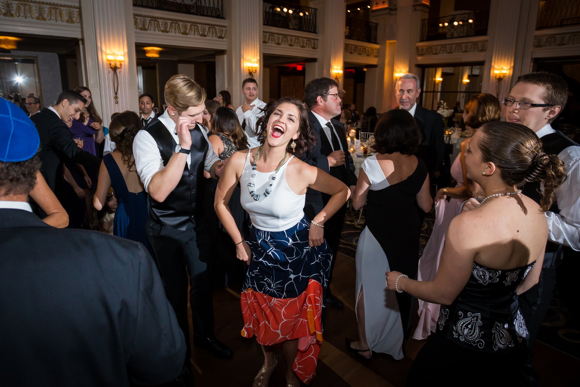Guests dancing at a wedding reception in the Ballroom at the Ben, Philadelphia