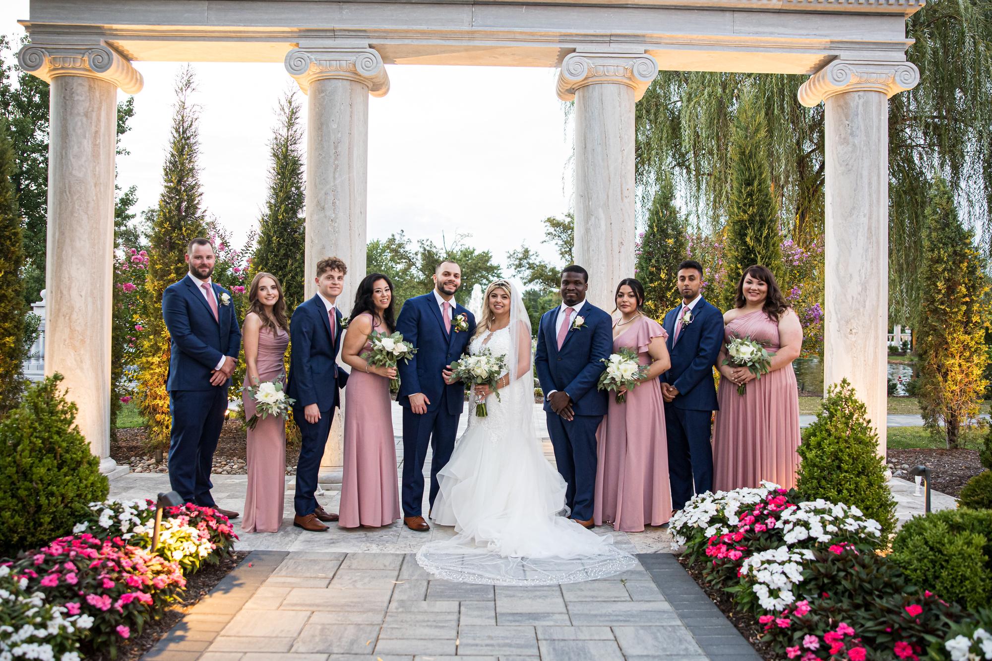Wedding party under the colonnade at The Mansion in Voorhees, New Jersey